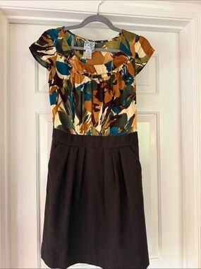 Tabitha Multi-Color Print Top with Dark Brown A-Line Skirt